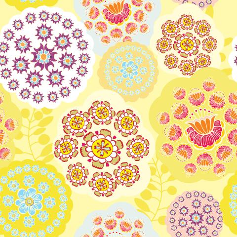 Floral and circular elements on yellow background