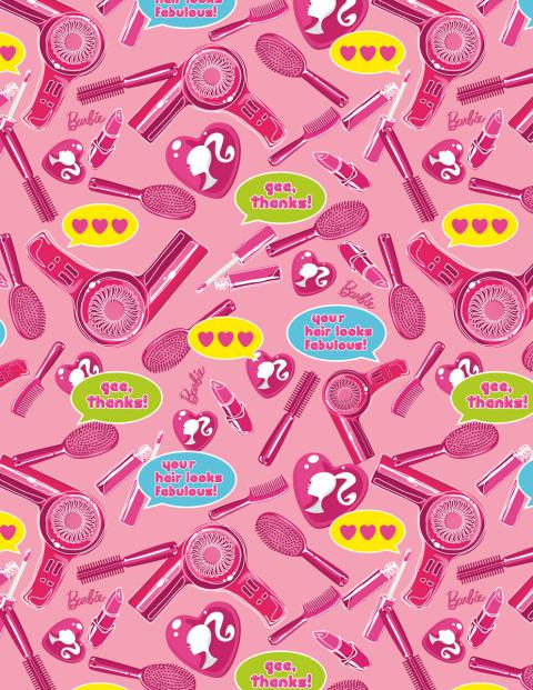 Pink Barbie-themed wrapping paper
