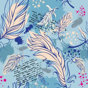 Abstract Blue Feather Collage with Handwritten Script and Splatters