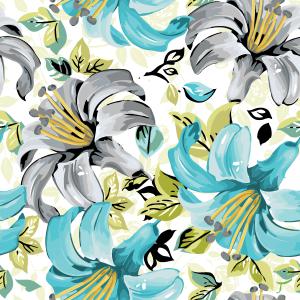 Artistic Teal and Grey Lily Blossoms with Green Leaves