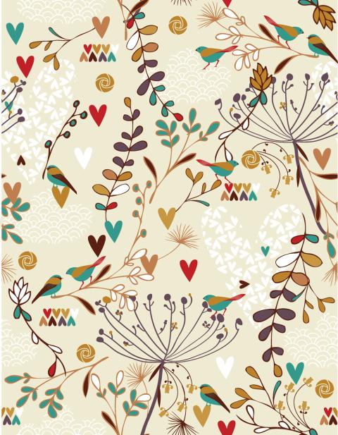 Floral Pattern with Birds and Hearts