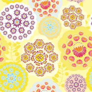 Floral and circular elements on yellow background