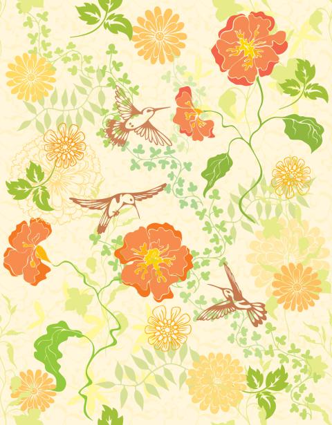 Hummingbirds amidst, flowers and foliage