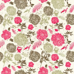 Grungy Sketch Peonies with Pink Ferns and Ink Splatters