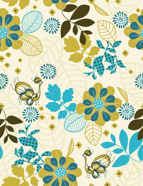 Peacock-like birds and various botanical elements