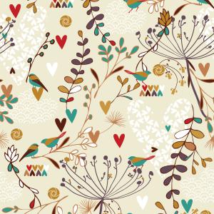 Floral Pattern with Birds and Hearts