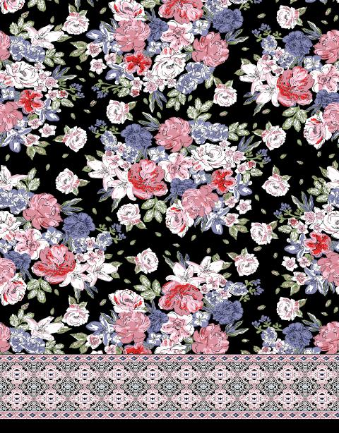 Elegant Floral Print with Decorative Geometric Border for Apparel