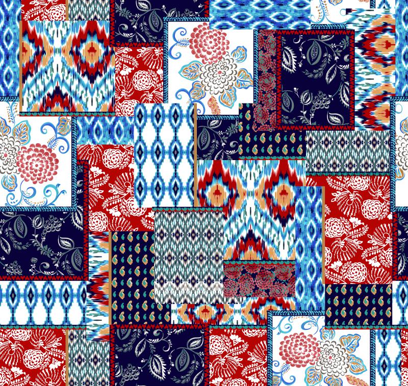 Vibrant Ethnic Patchwork Pattern with Ikat and Paisley Motifs
