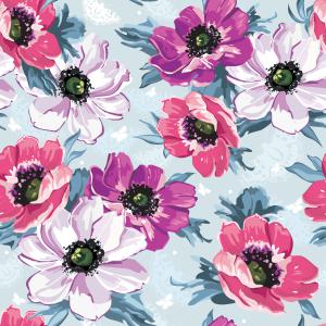 Vibrant Pink and White Anemone Floral Pattern on Blue
